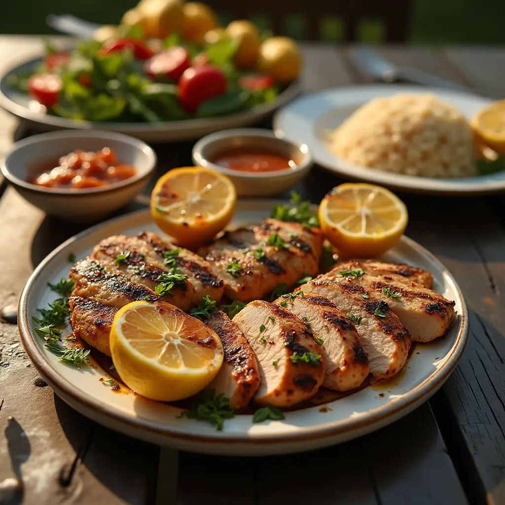 Served Portuguese grilled chicken with side dishes on outdoor dining table
