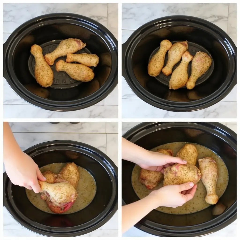 Preparing chicken legs in a slow cooker with herbs and minimal broth