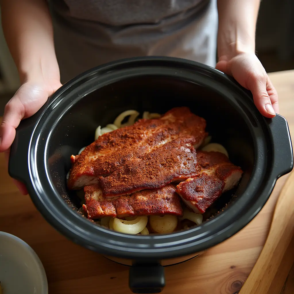 "Preparing country style ribs to be cooked in a crock pot with seasonings"