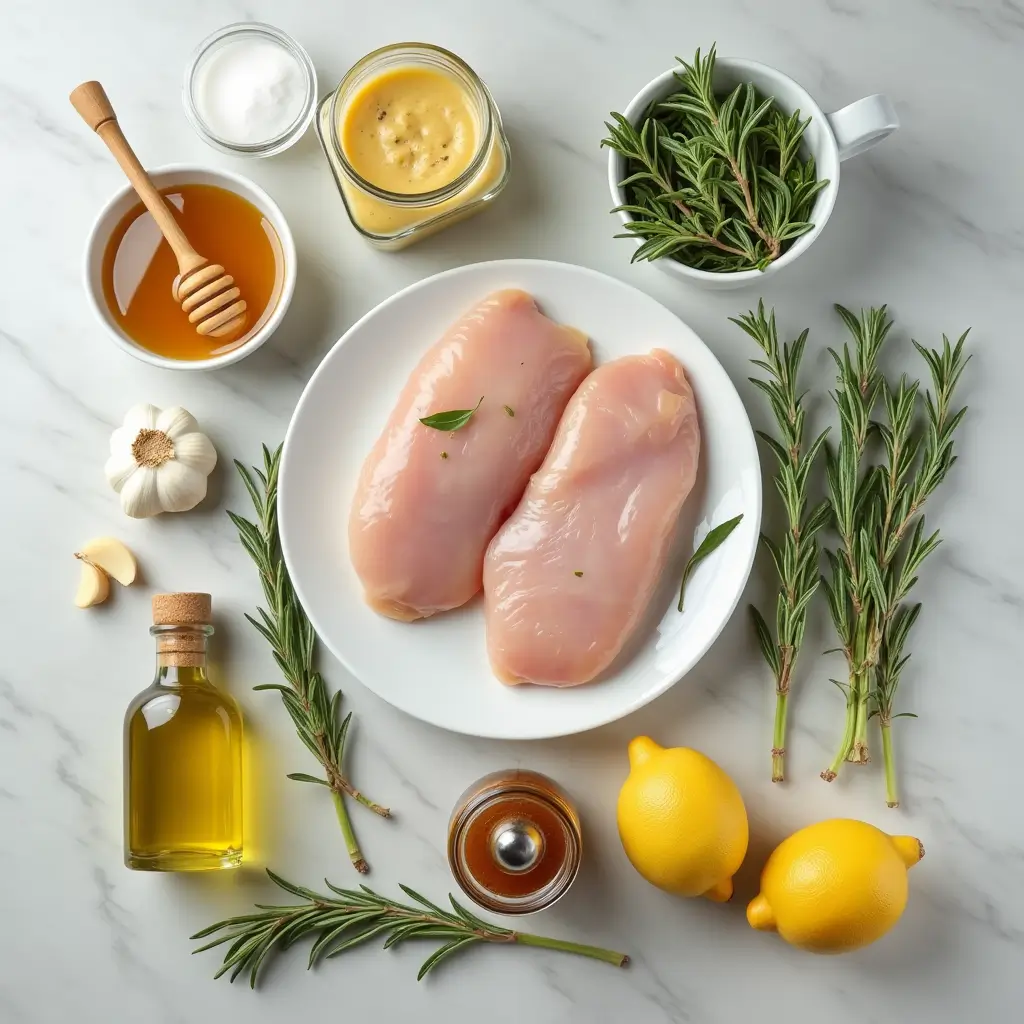 Fresh ingredients for Rosemary Dijon Chicken recipe arranged on marble counter