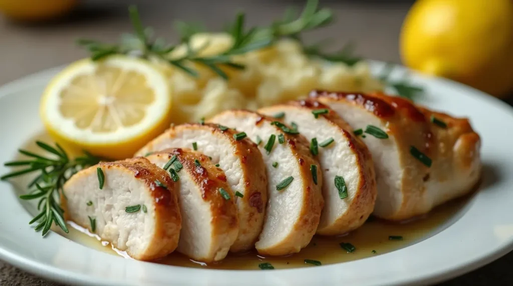 "Sliced Rosemary Dijon Chicken with fresh herbs and lemon garnish