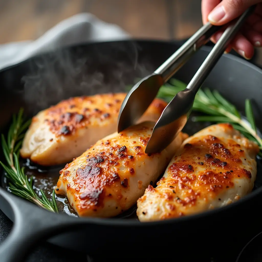 Rosemary Dijon Chicken breasts searing in a cast iron skillet