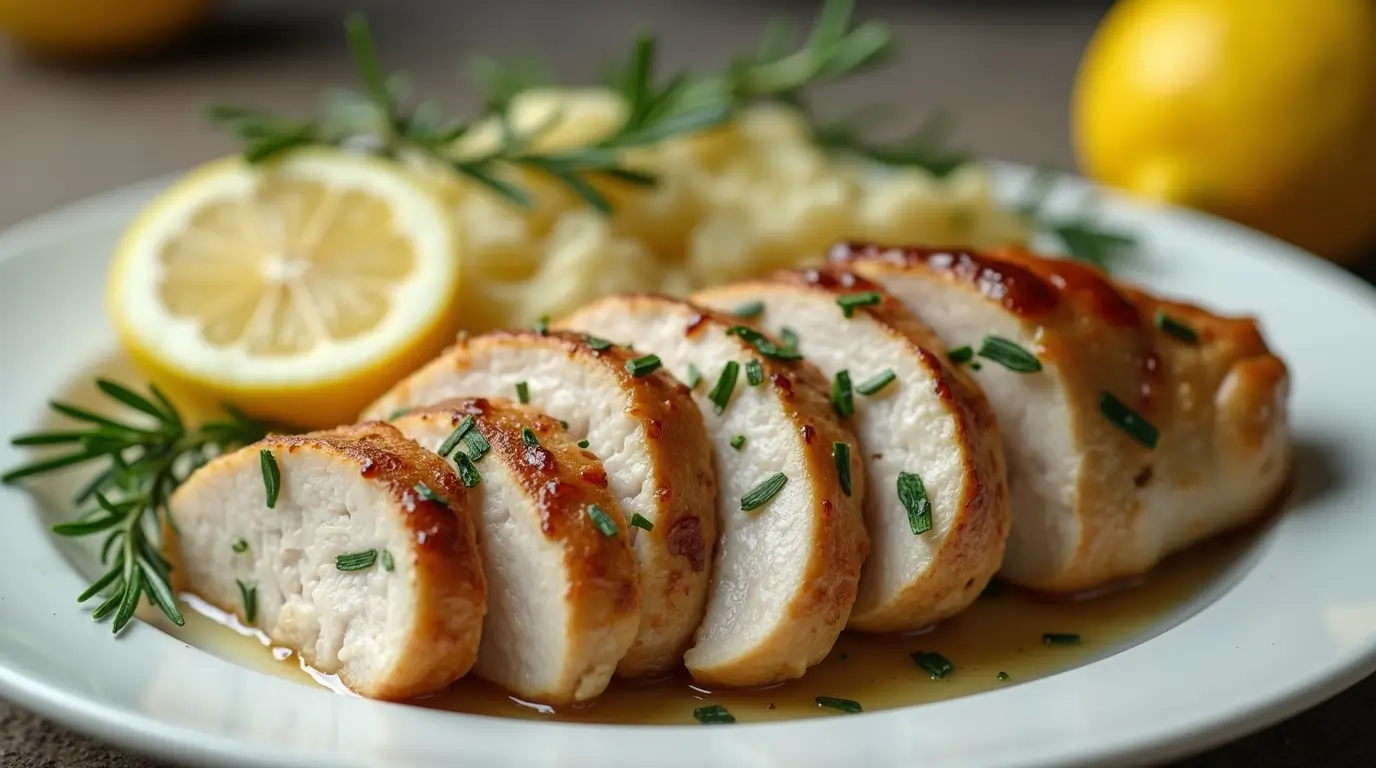 "Sliced Rosemary Dijon Chicken with fresh herbs and lemon garnish