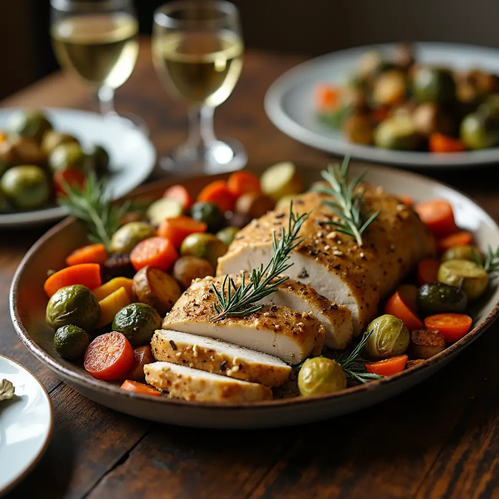Rosemary Dijon Chicken dinner spread with roasted vegetables and wine