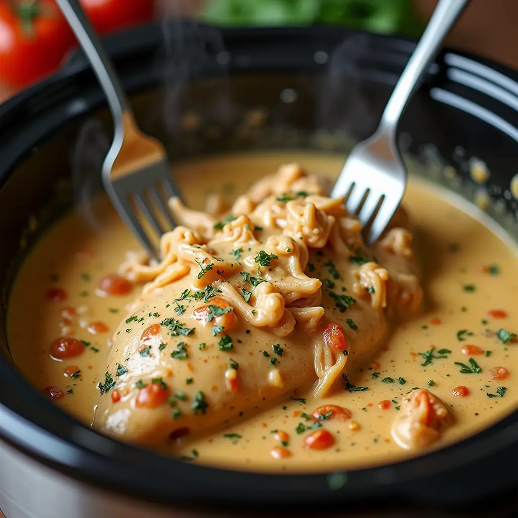 "Shredding Olive Garden Crock Pot Chicken in slow cooker with two forks"
