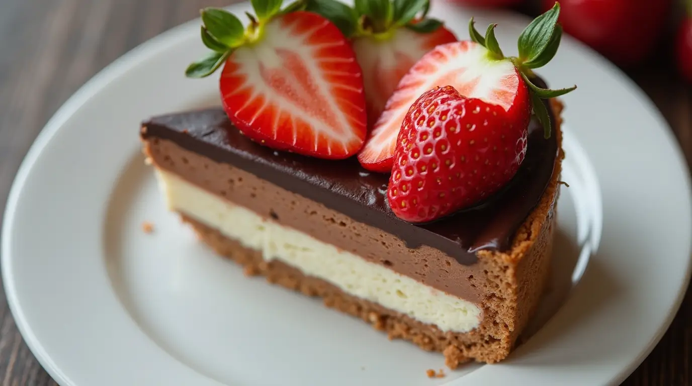 Slice of layered chocolate strawberry cheesecake showing graham cracker crust, creamy filling, and fresh strawberry topping"
