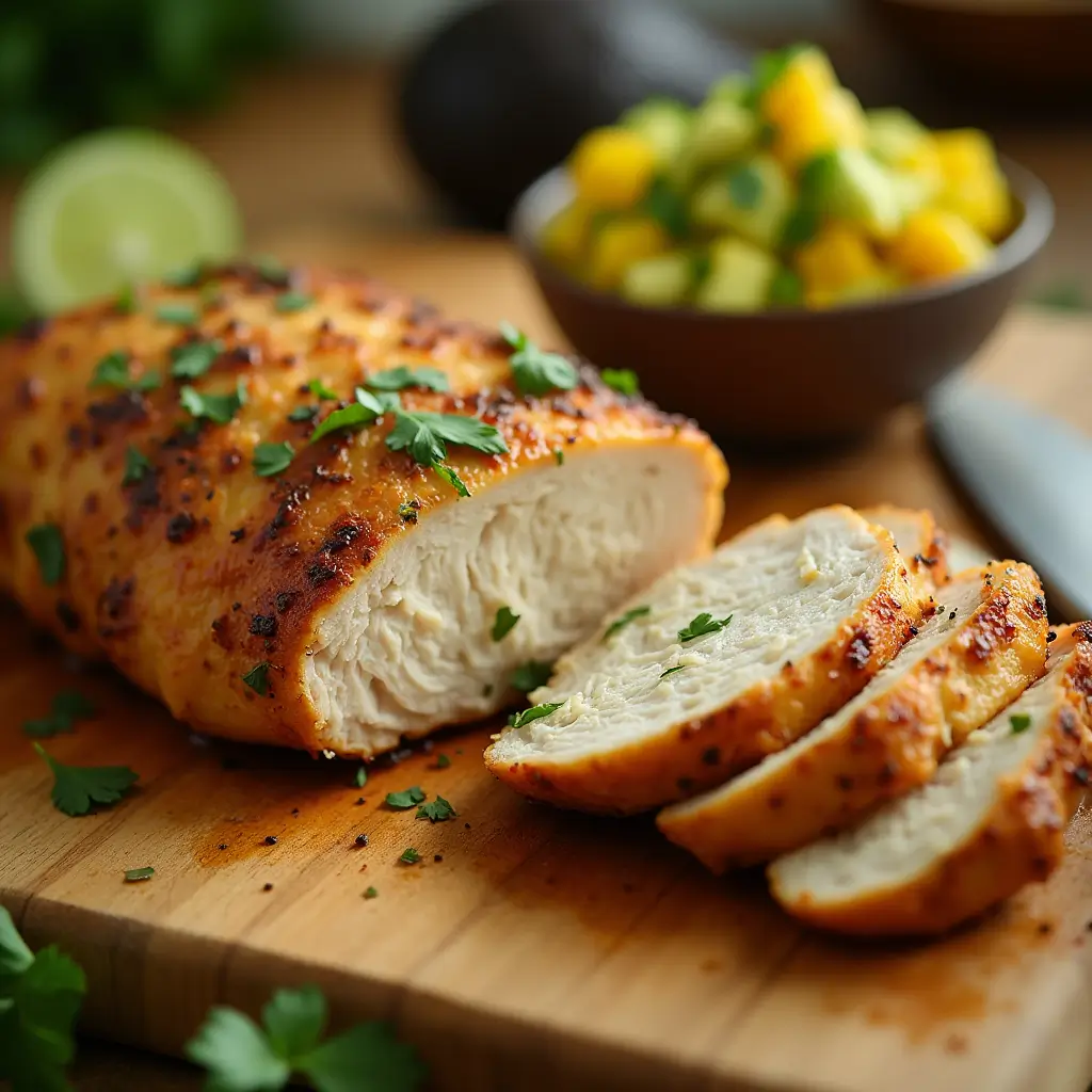 Slicing golden brown Cilantro Lime Chicken for Cilantro Lime Chicken Salad with Mango Avocado Salsa