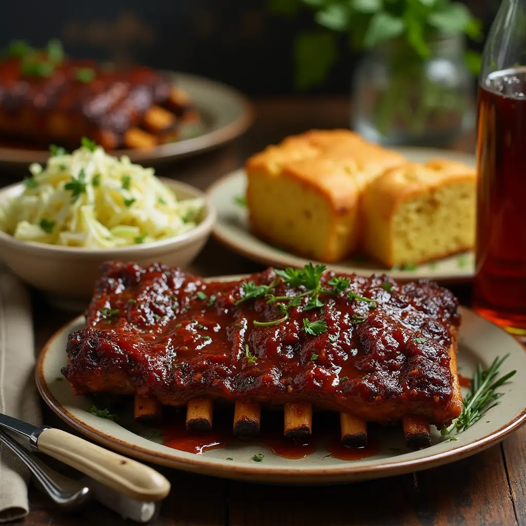 "Tender country style ribs from the crock pot served with traditional sides of cornbread and coleslaw"
