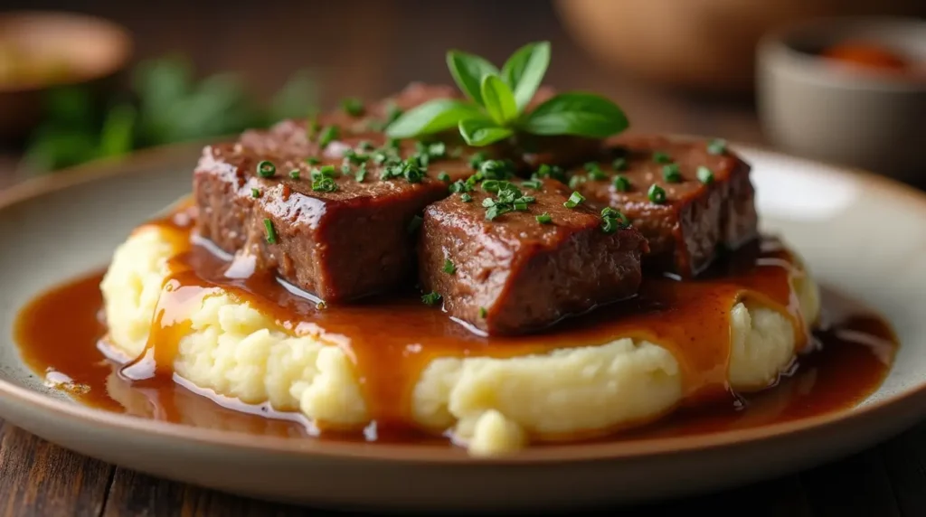 Tender crock pot cube steak smothered in rich brown gravy over mashed potatoes"
