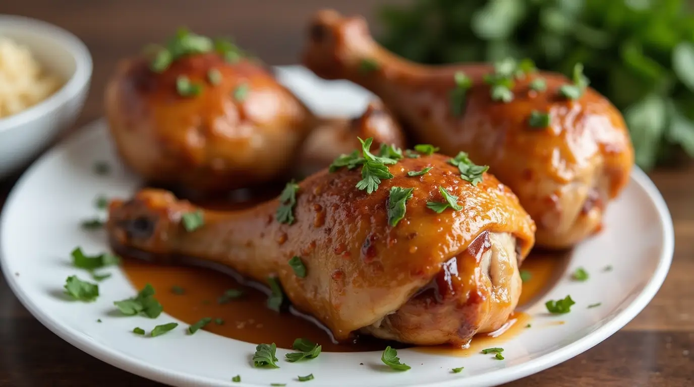 Tender fall-off-the-bone chicken legs cooked in crock pot with golden skin and fresh herbs