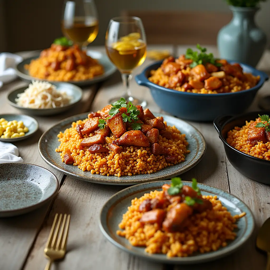 "Three ways to serve Honey BBQ Chicken Rice: traditional plated, rice bowl, and one-pot style