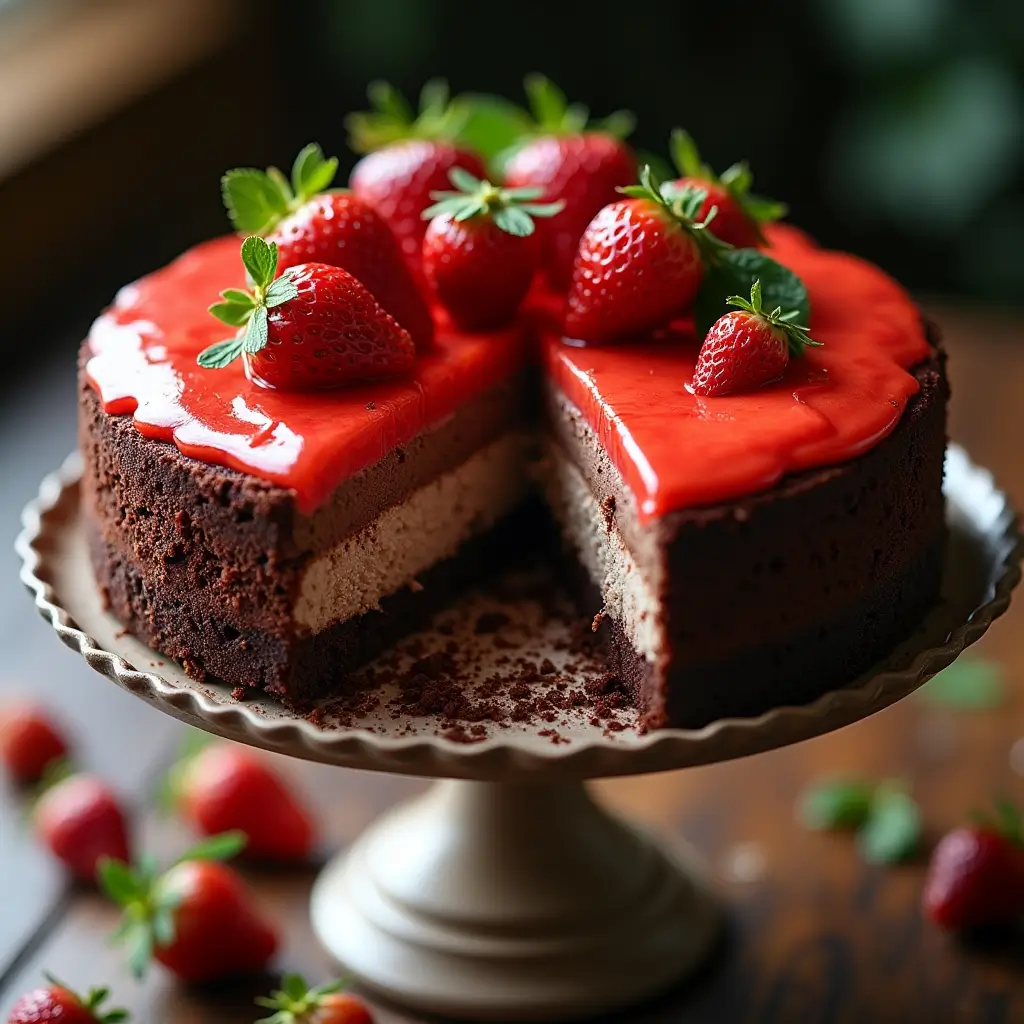 "Whole chocolate strawberry cheesecake with one slice removed on decorative cake stand"