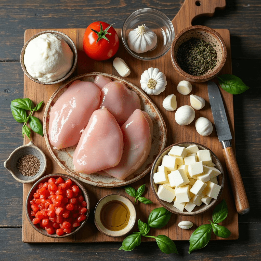 Fresh ingredients for Garlic Tomato Chicken with Mozzarella recipe including chicken, mozzarella cheese, tomatoes and herbs