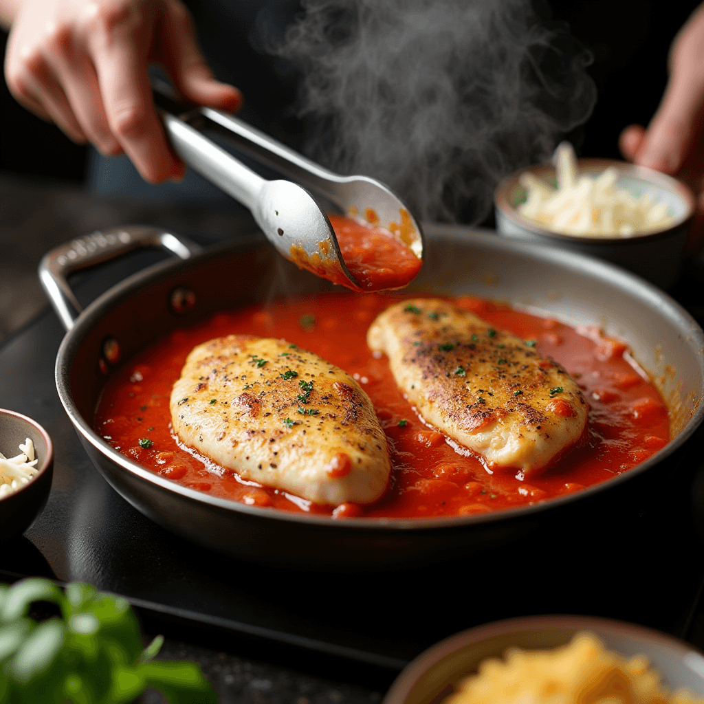 Cooking process of Garlic Tomato Chicken with Mozzarella showing chicken being added to tomato sauce