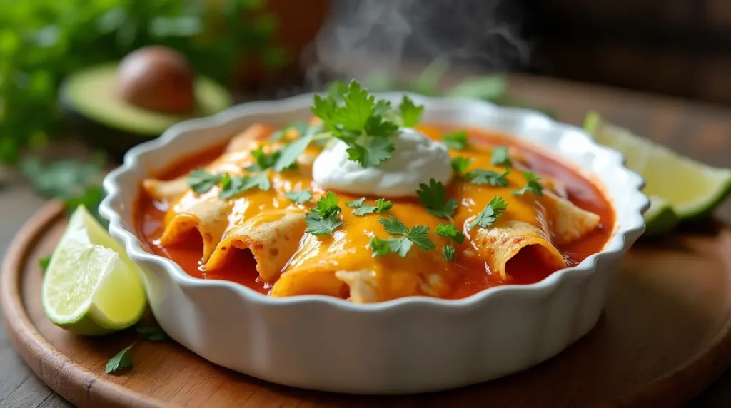 Delicious crock pot chicken enchiladas topped with melted cheese, sour cream, and fresh cilantro served in a white dish