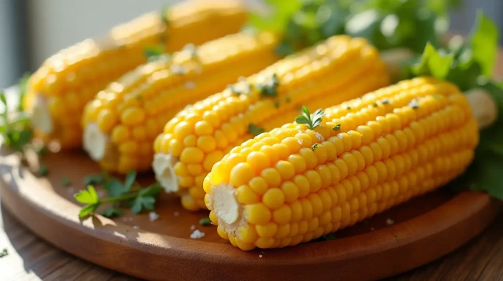 Freshly cooked corn on the cob from a slow cooker glistening with melted butter and herbs