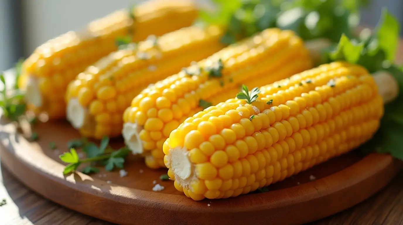 Freshly cooked corn on the cob from a slow cooker glistening with melted butter and herbs