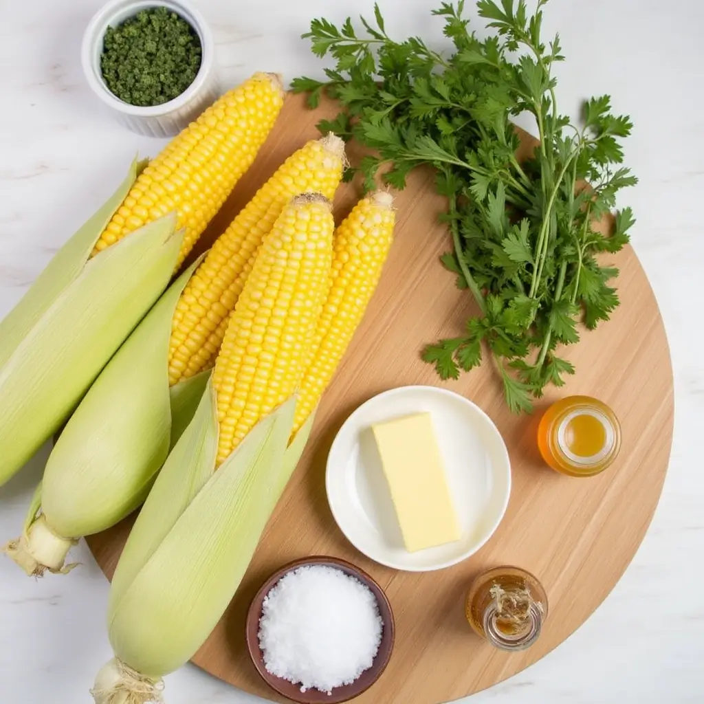 Overhead view of fresh corn ears, butter, salt, and herbs arranged on a wooden cutting board