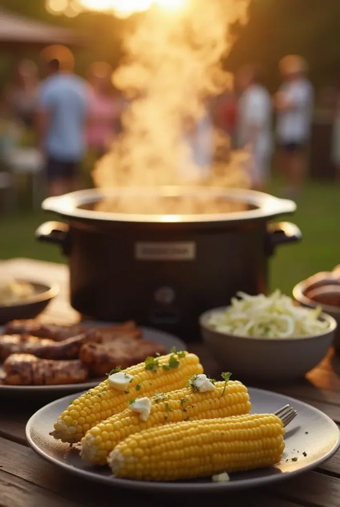 Backyard BBQ scene with slow cooker corn on the cob being served alongside grilled meats