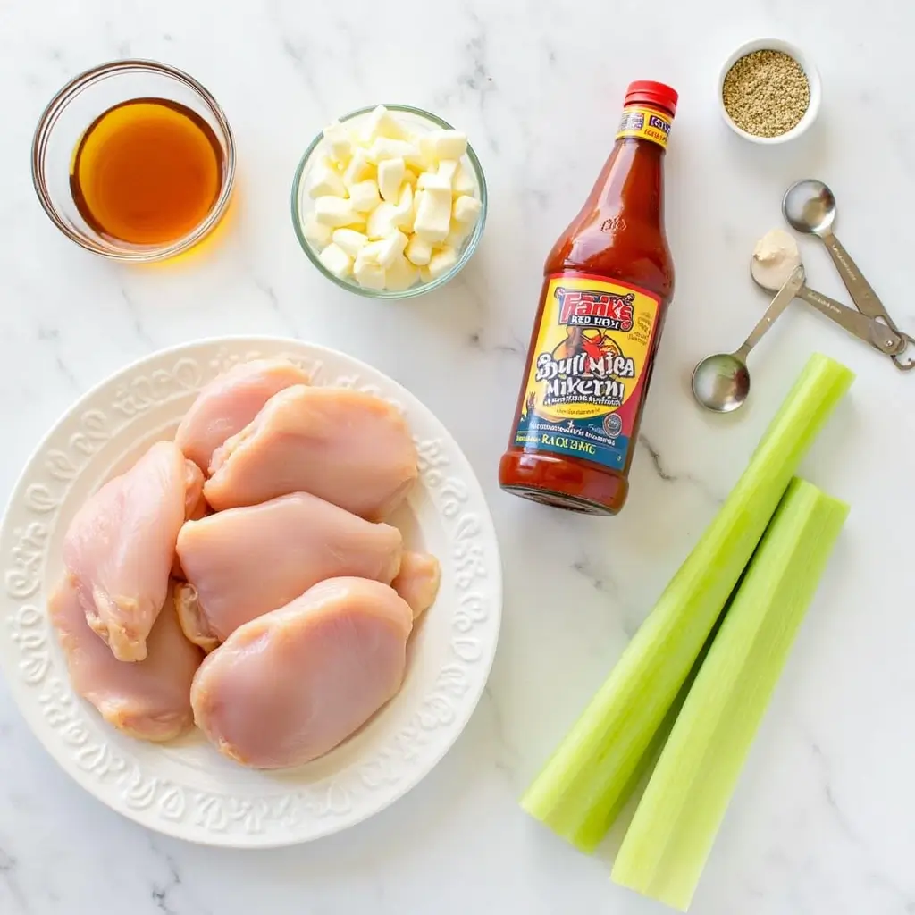 Ingredients for buffalo chicken crock pot recipe including chicken, Frank's RedHot sauce, butter, ranch seasoning, and fresh garnishes arranged on countertop