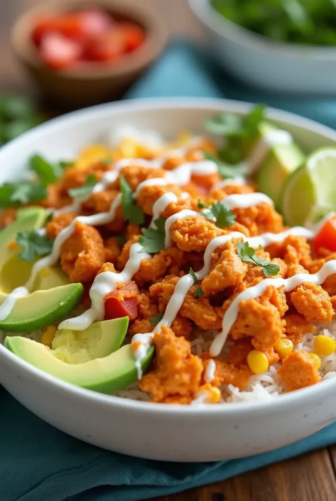 Buffalo chicken crock pot served over rice with avocado, corn, tomatoes and ranch dressing in a white bowl