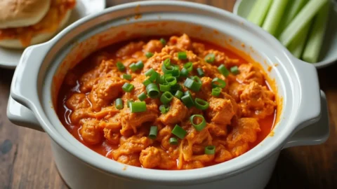 Homemade buffalo chicken crock pot recipe with shredded chicken in spicy orange-red sauce, garnished with green onions and served with sliders