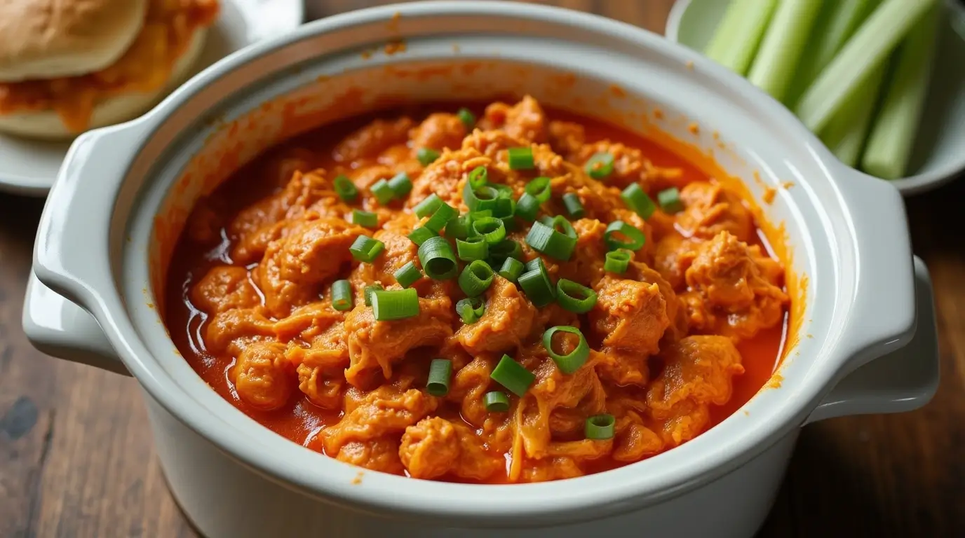 Homemade buffalo chicken crock pot recipe with shredded chicken in spicy orange-red sauce, garnished with green onions and served with sliders