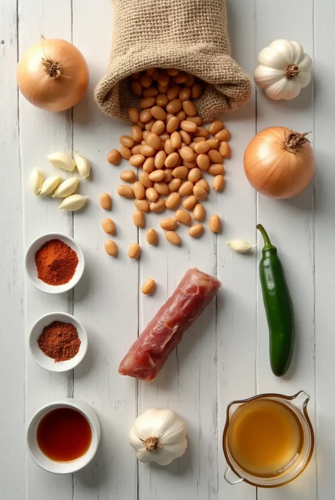 Ingredients for pinto beans in crock pot recipe including dried beans, onion, garlic, jalapeño, and seasonings