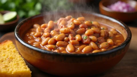 Creamy pinto beans in crock pot with cornbread and fresh toppings, easy homemade slow cooker recipe