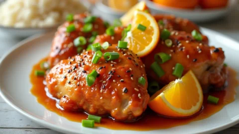 Crispy roasted orange chicken thighs glazed with honey-orange sauce served with rice