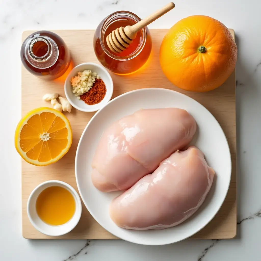 Ingredients for roasted orange chicken including chicken thighs, fresh oranges, honey, soy sauce, and spices