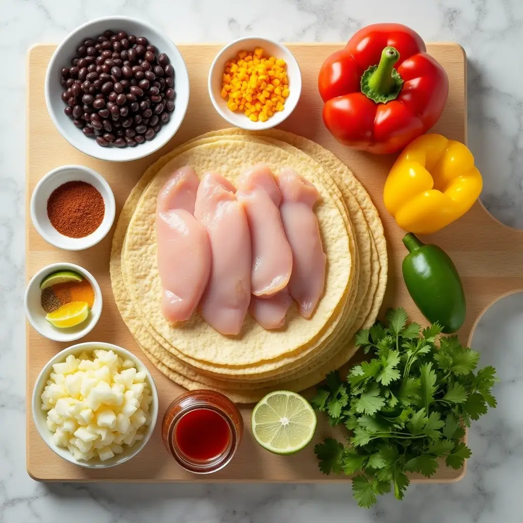 Ingredients for crock pot chicken enchiladas including chicken, tortillas, cheese, beans, peppers, and enchilada sauce