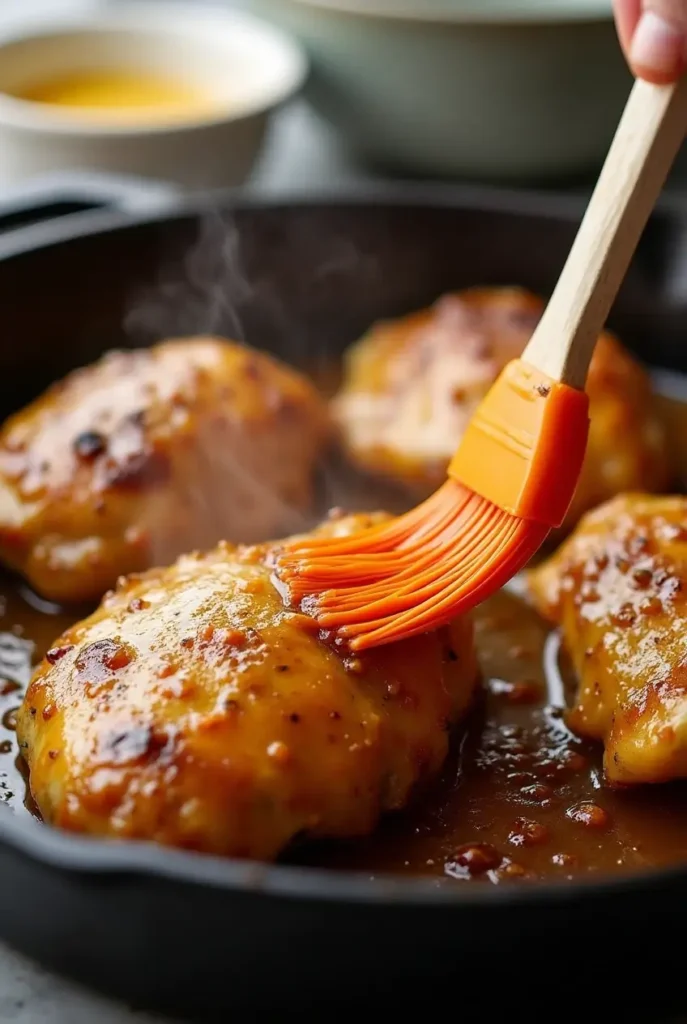 Brushing homemade orange honey glaze onto roasted chicken thighs in a skillet