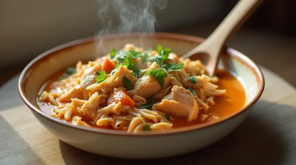 Tender shredded frozen chicken crock pot meal with herbs in white bowl, easy weeknight dinner