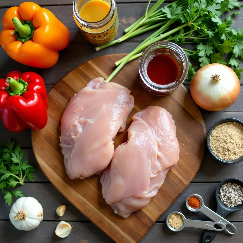 Frozen chicken crock pot recipe ingredients including chicken breasts, vegetables, and seasonings