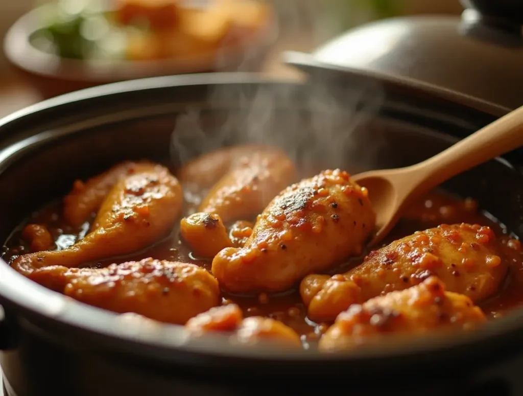 Frozen chicken cooking in crock pot with steam rising, showing slow cooking process
