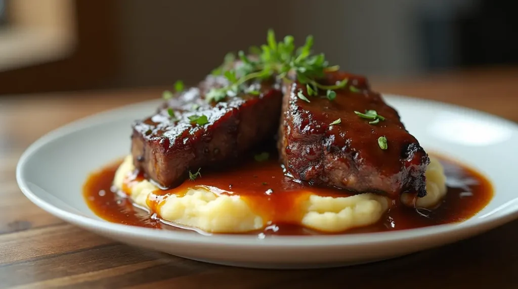 Fall-off-the-bone short ribs in crock pot served over mashed potatoes with savory gravy