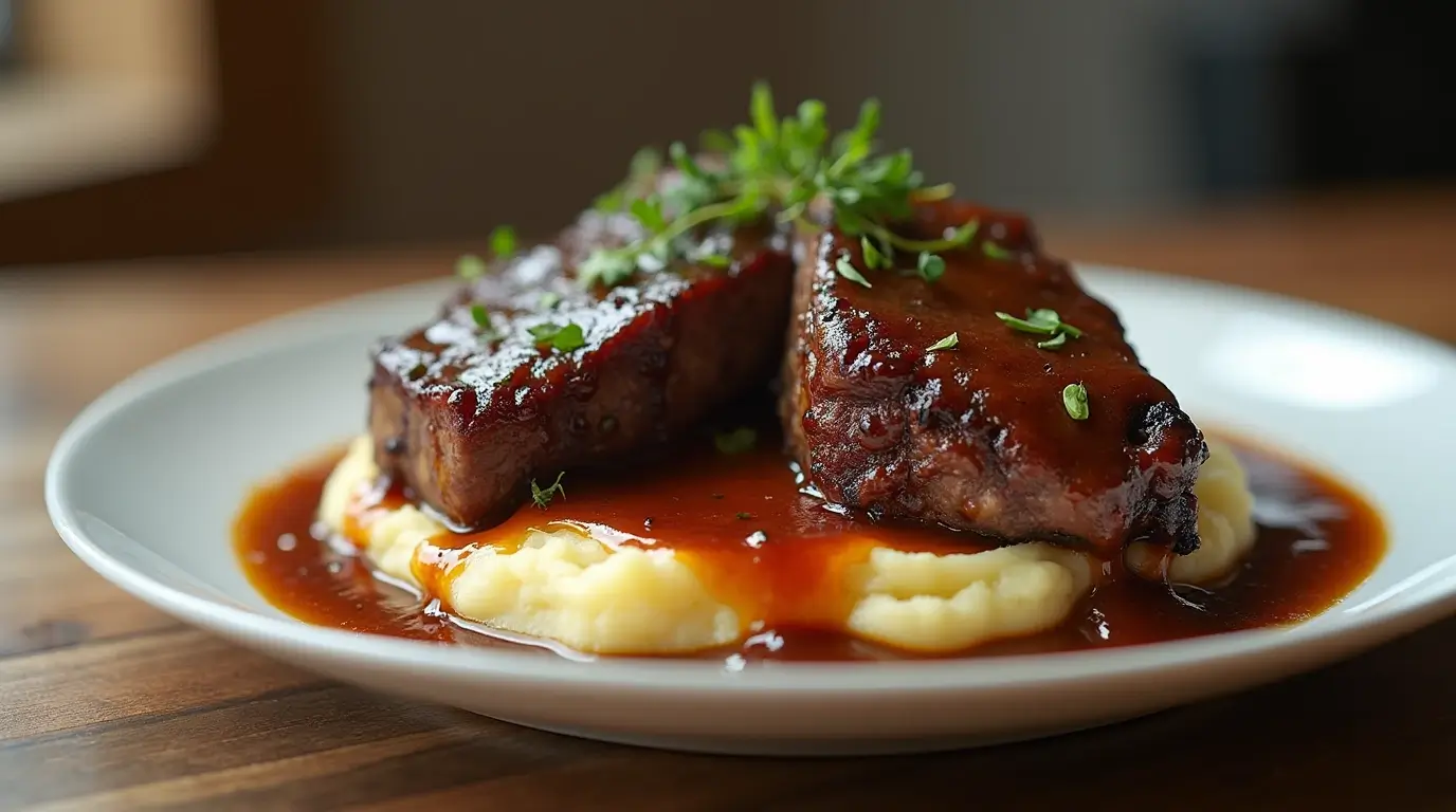Fall-off-the-bone short ribs in crock pot served over mashed potatoes with savory gravy