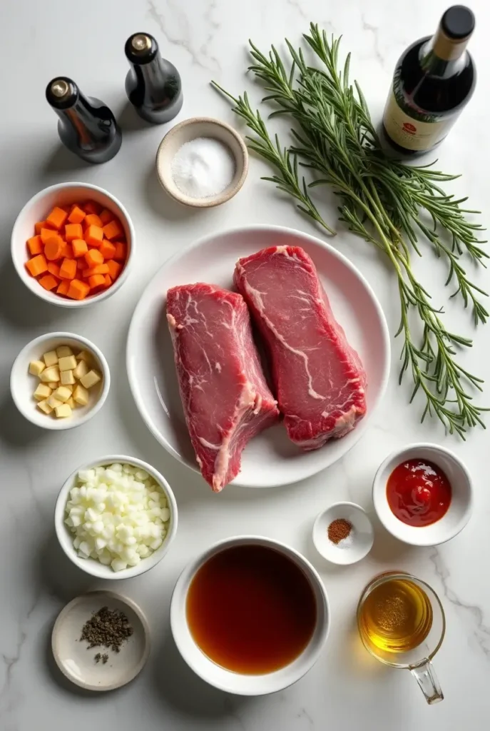Raw ingredients for cooking short ribs in crock pot including beef, vegetables, herbs, and seasonings