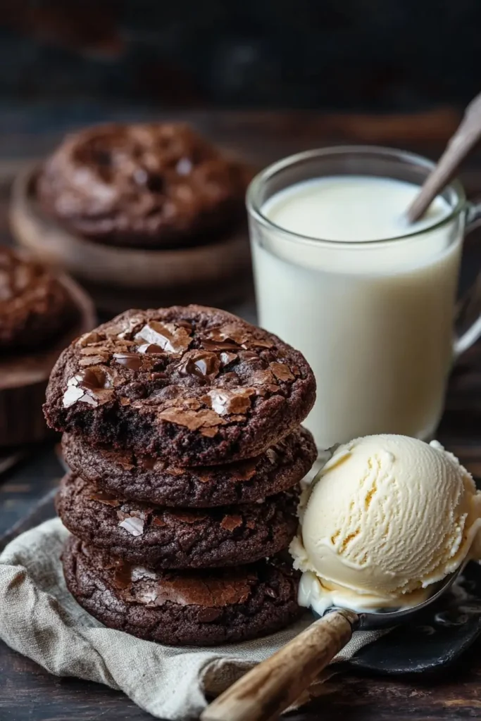 Fudgy brownie cookies served with milk and ice cream