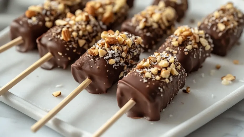 Close-up of Frozen Banana Snacks with chocolate and nuts