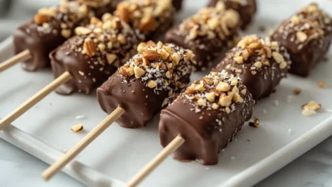 Close-up of Frozen Banana Snacks with chocolate and nuts
