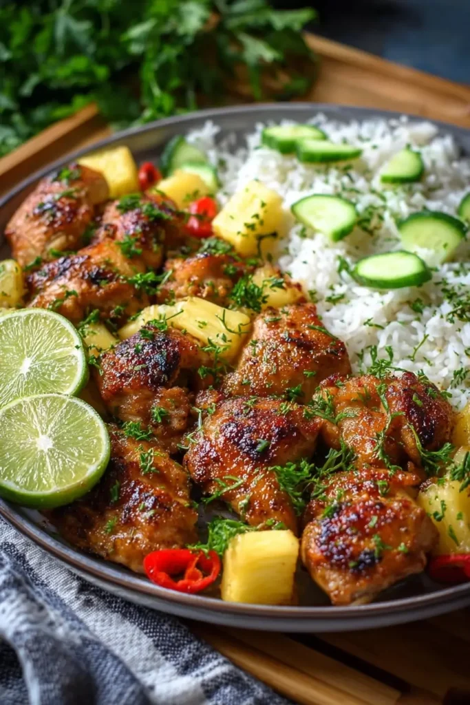 Served hawaiian chicken sheet pan with rice and salad