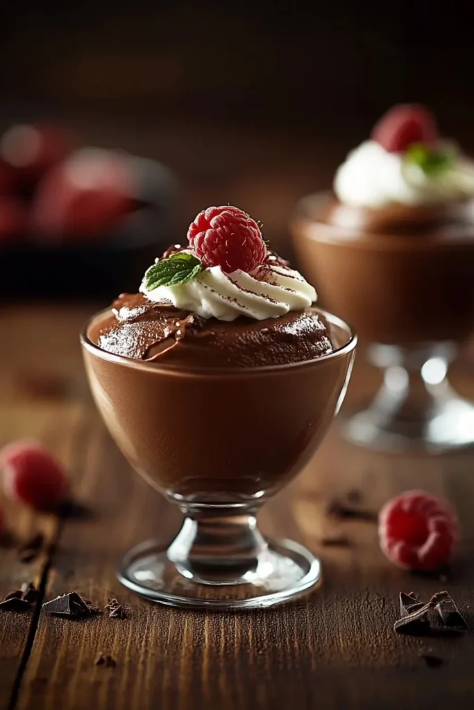 Mini Chocolate Mousse Cups with raspberry and mint