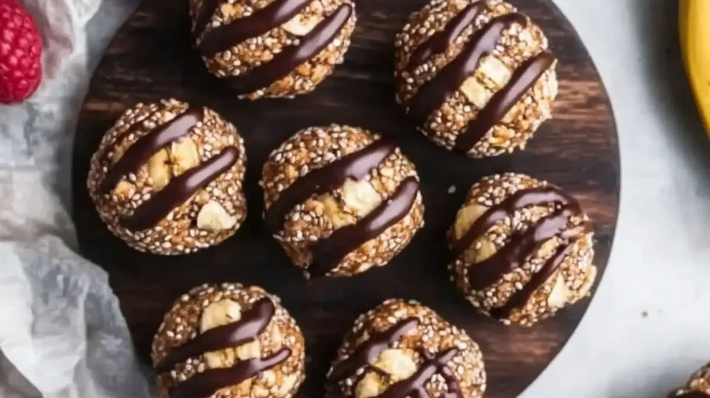 Chia Banana Bread Energy Bites stacked on a wooden plate