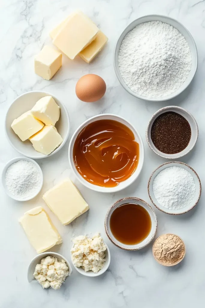 All the ingredients needed to make Caramel Cheesecake Cookies arranged on a white background.