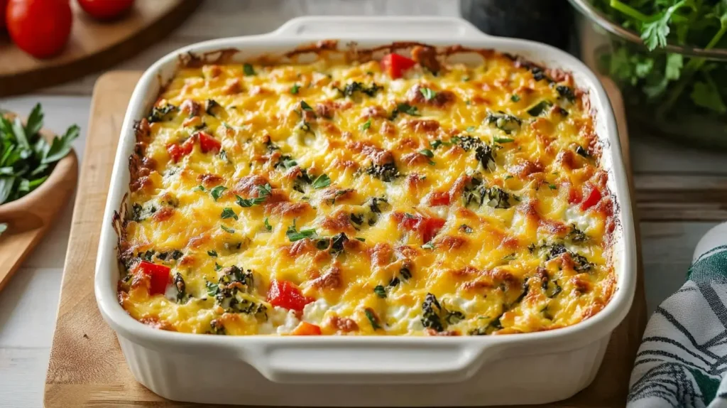 Cottage cheese and veggie bake served with a golden top and fresh herbs.