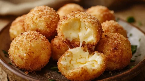 Cheesy Parmesan Mozzarella Bites, crispy and golden on the outside, gooey on the inside.