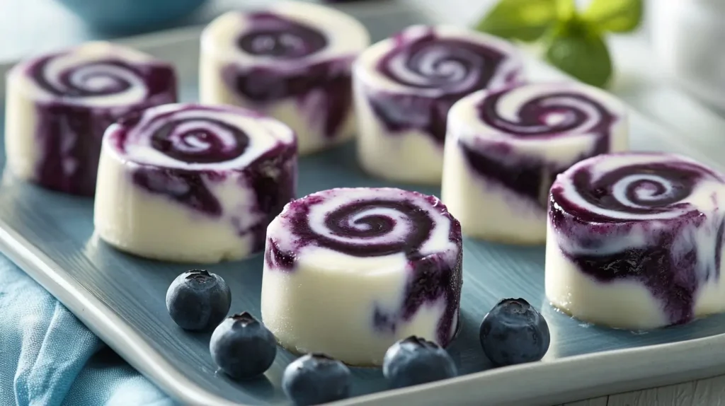 Blueberry Swirl Yogurt Bites on a plate, showing a delicious swirl of blueberries.