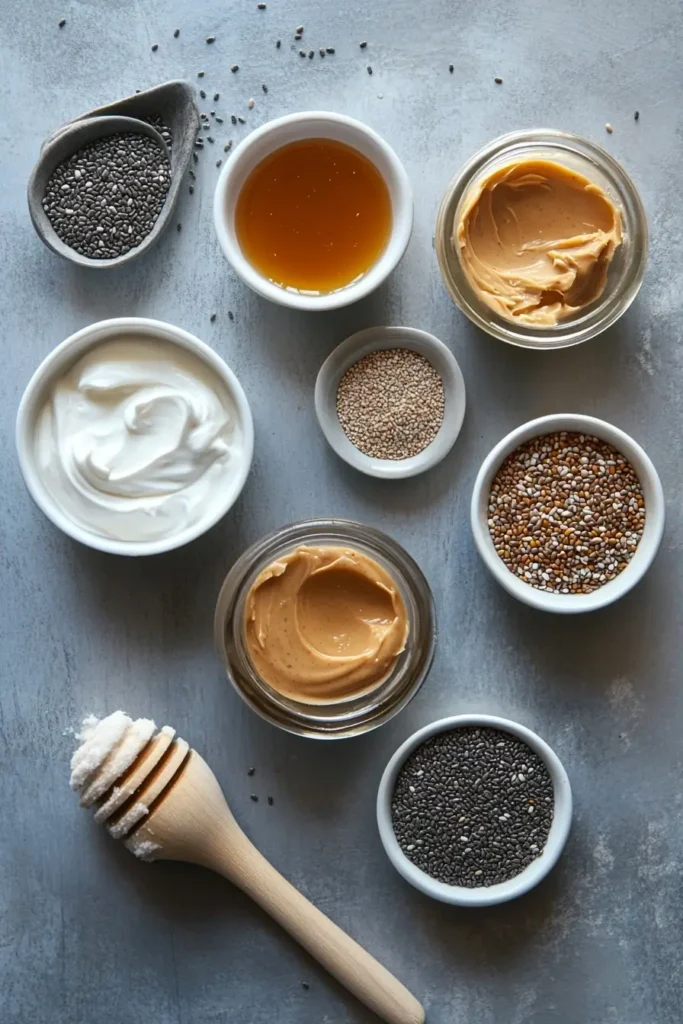 Close-up image of the ingredients for Frozen Greek Yogurt Peanut Butter Bites.